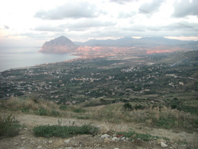 Erice, at the top of left most mountain.